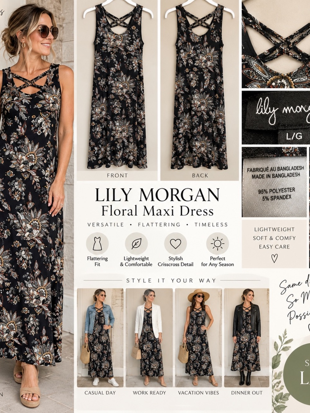 Black Floral Maxi Dress with Crisscross Detail